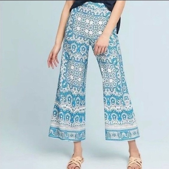 Anthropologie | Feather Bone Talese Wide Leg Pant in Teal and White Size 6 - Picture 1 of 10